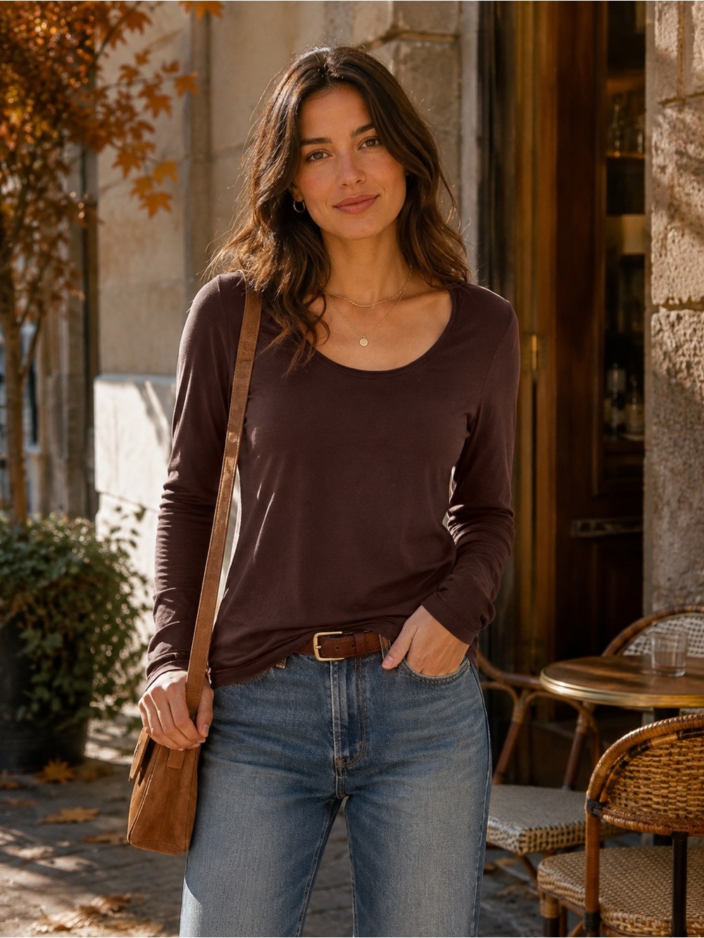 Michael Stars Chocolate Brown Long Sleeve Scoop Neck Cotton Top Elevated Basic